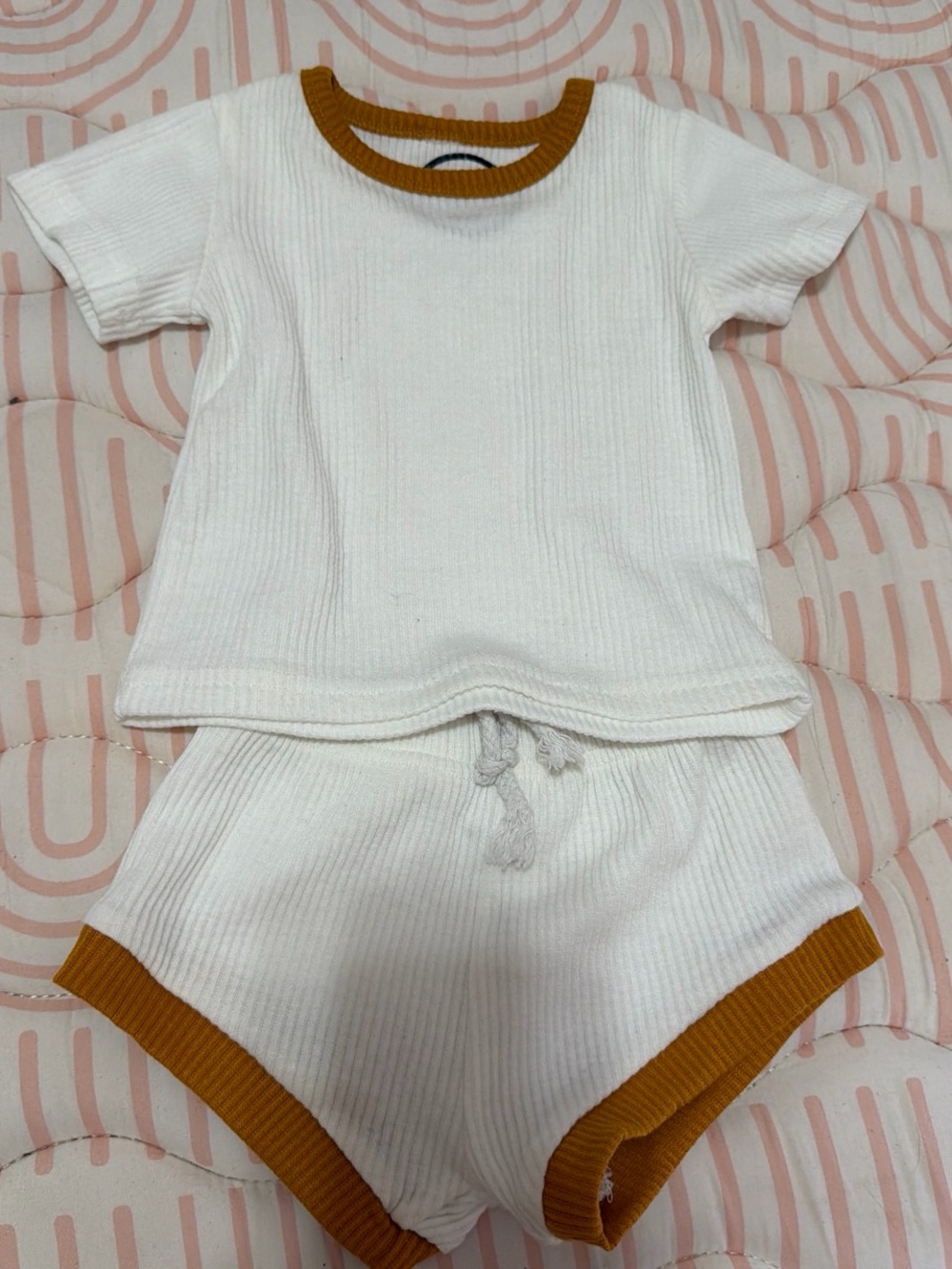 Baby white Ribbed Top & Shorts with Mustard Trim